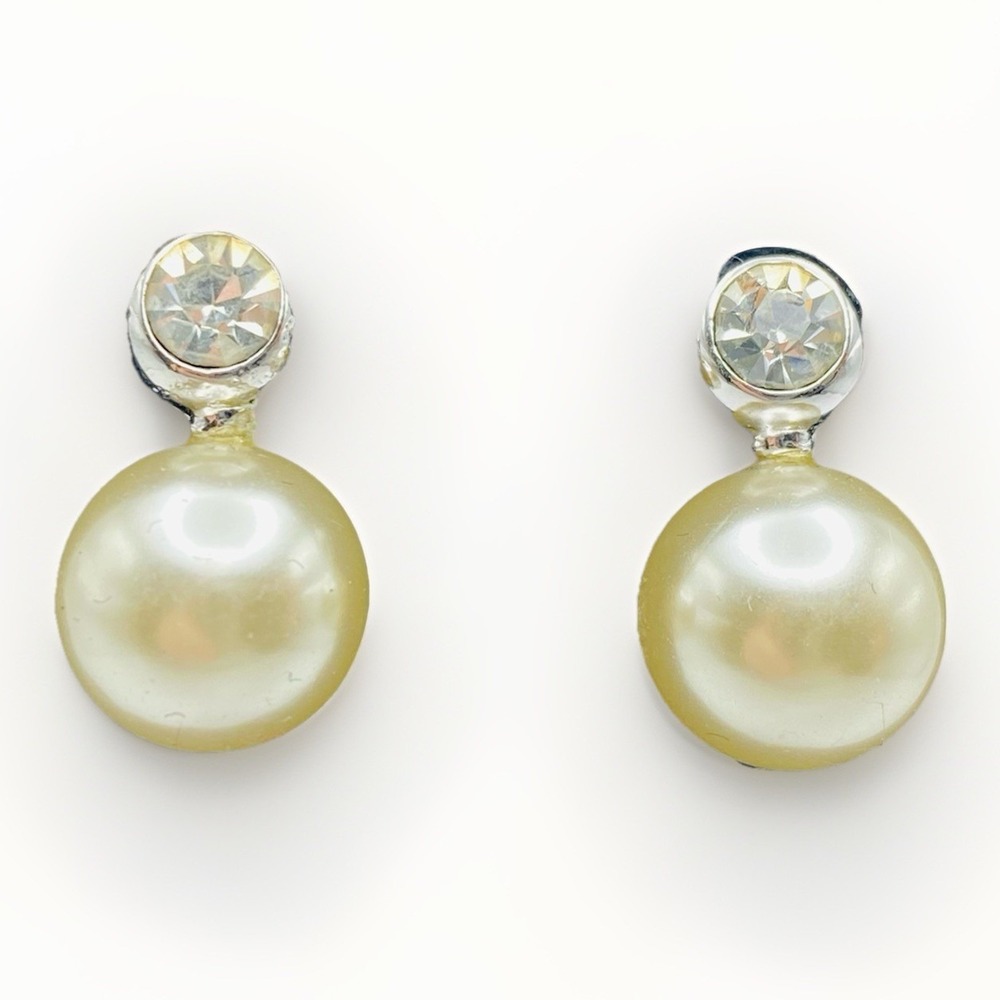 Vtg Rhinestone Faux Pearl Post Earrings Silver Tone Mid Century Retro Modern